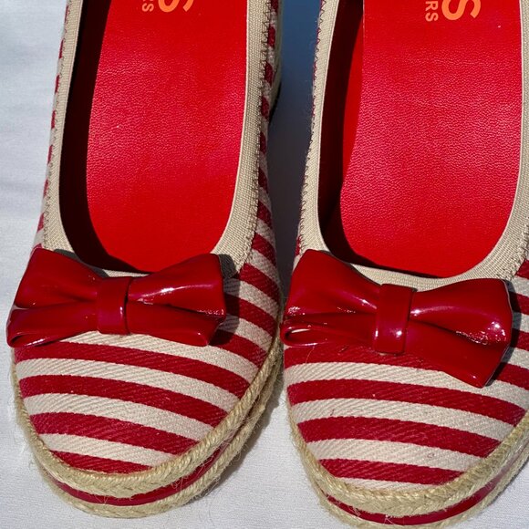 NEW KORS Michael Kors Tomato Red Bow Striped Straw Espadrille Wedge Size 7.5 - Picture 10 of 13